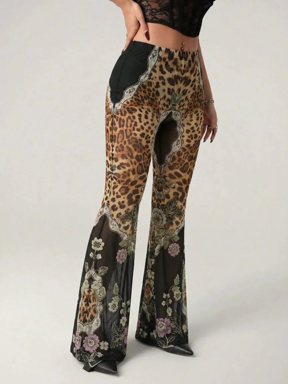 Brown Casual Women's Leopard Print Flared Leg Pants